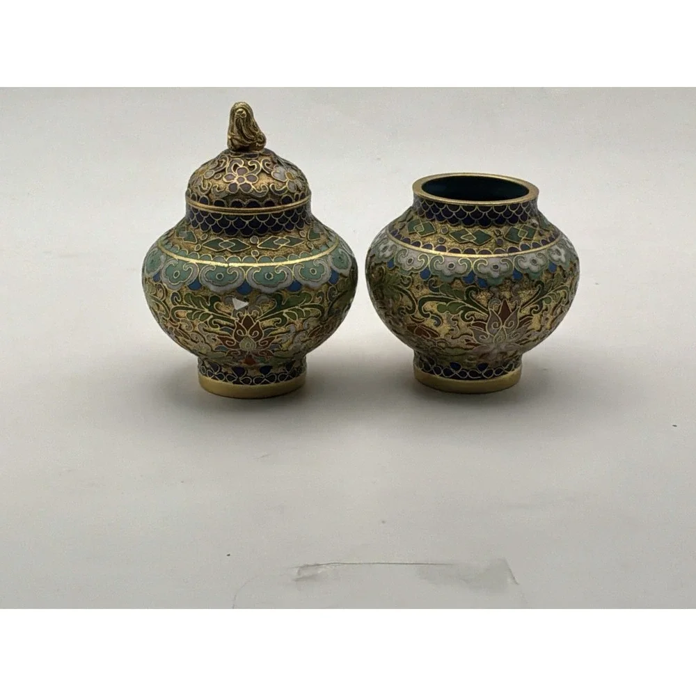 2 Cloisonné Enamel And Brass Ginger Jar 1 With Lid‎ Vintage